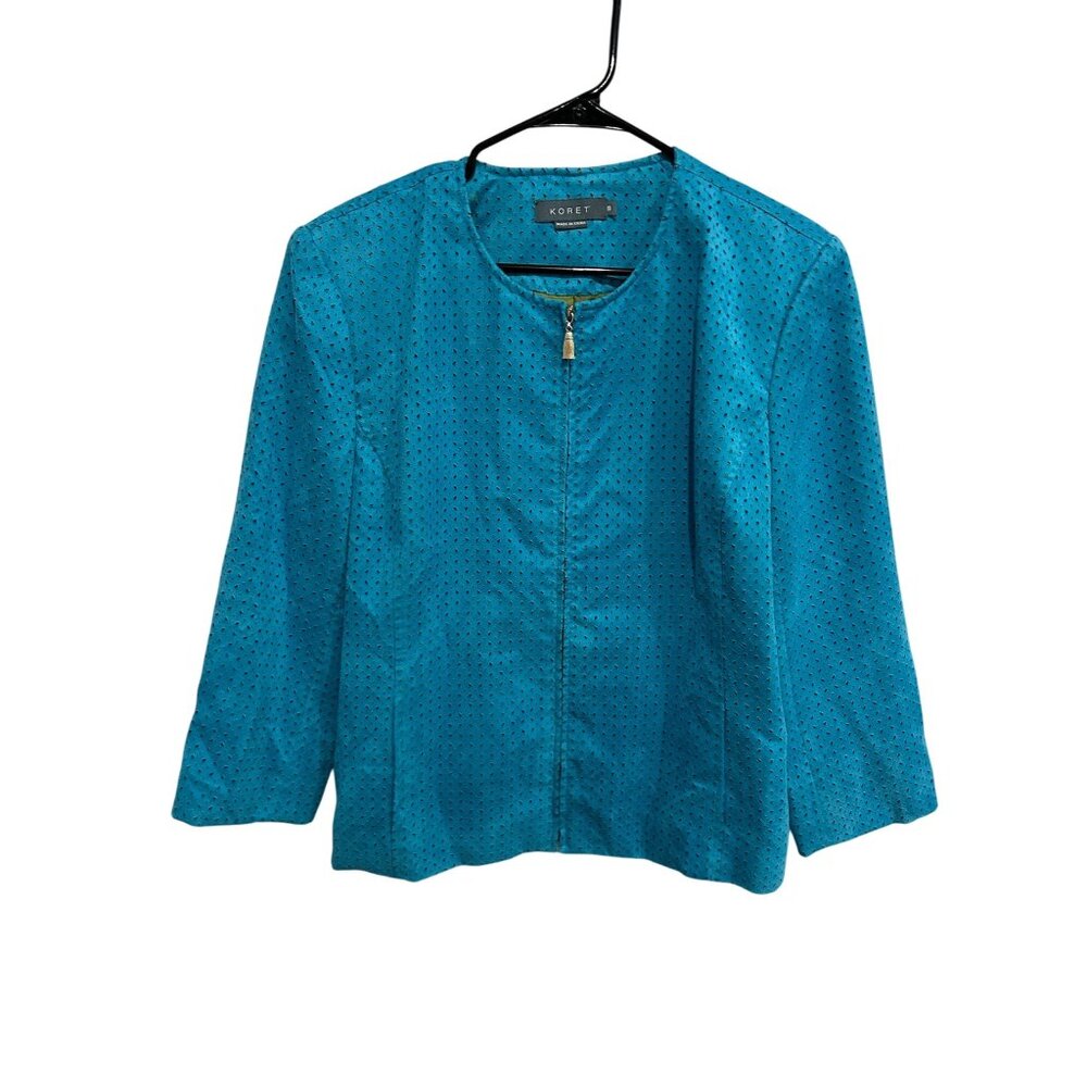 Vintage Koret Perforated Jacket Turquoise Sz 18 Quarter Sleeve Career Office